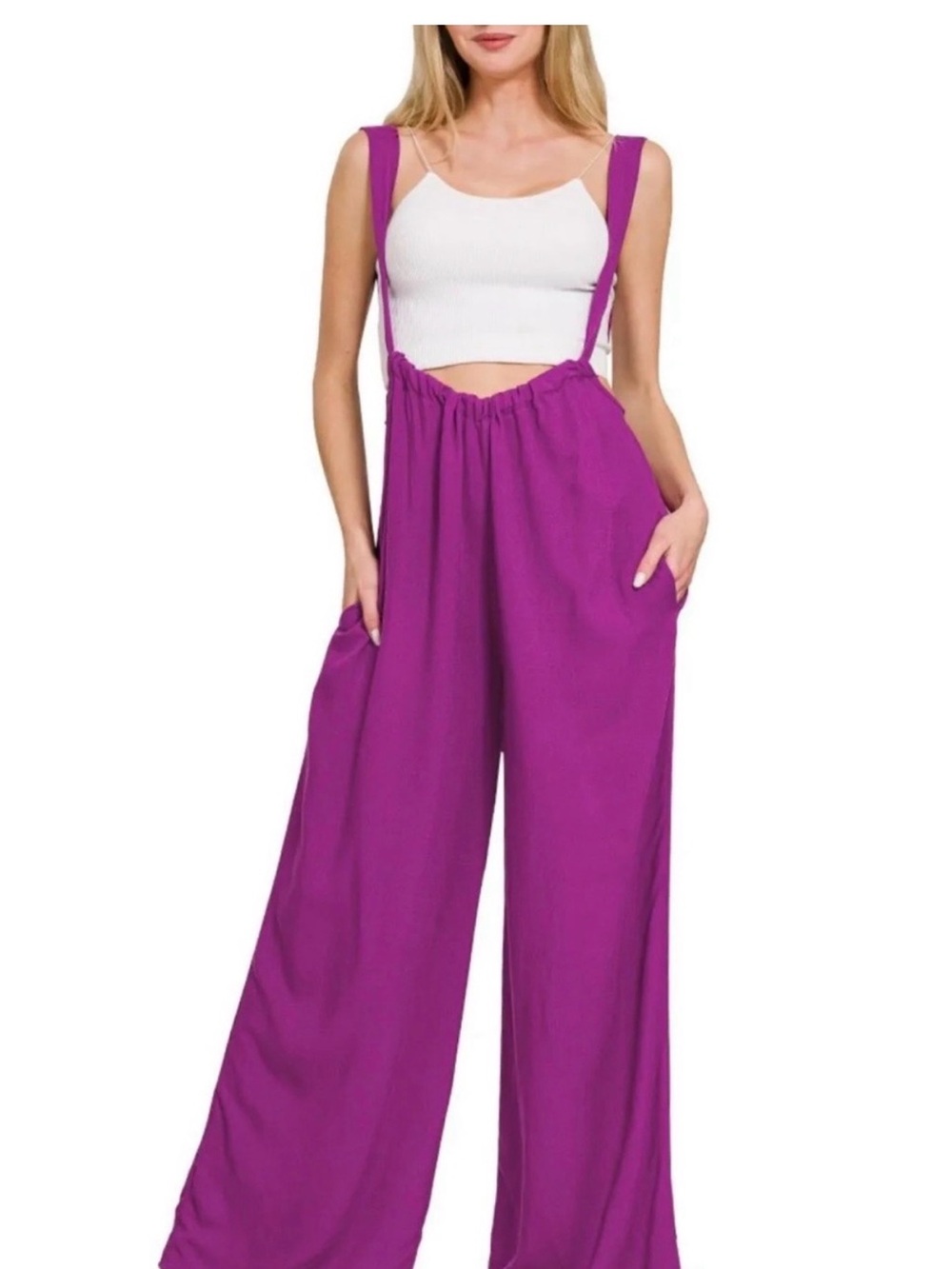 Zenana Outfitters Magenta Wide-Leg Suspender Jumpsuit